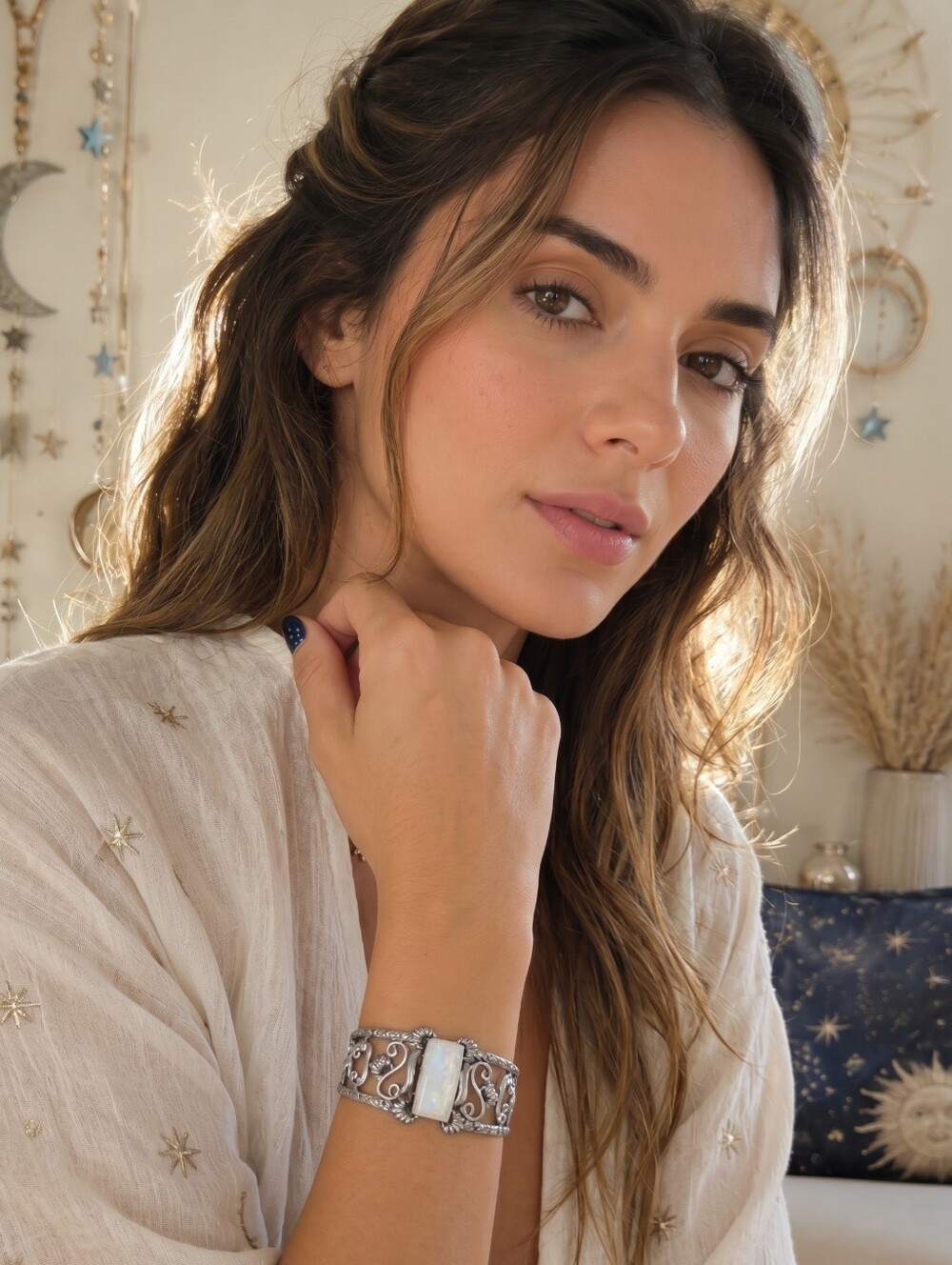 925 Sterling Silver Rainbow Moonstone Filigree Cuff Bracelet Iridescent Bohemian - Picture 12 of 15
